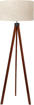 Brown Wooden Tripod Linen Floor Lamp