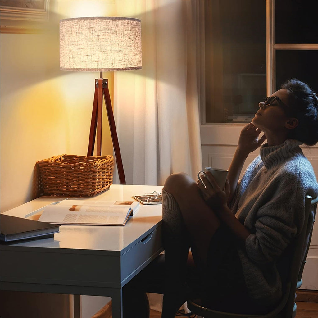 Brown Wooden Tripod Linen Floor Lamp