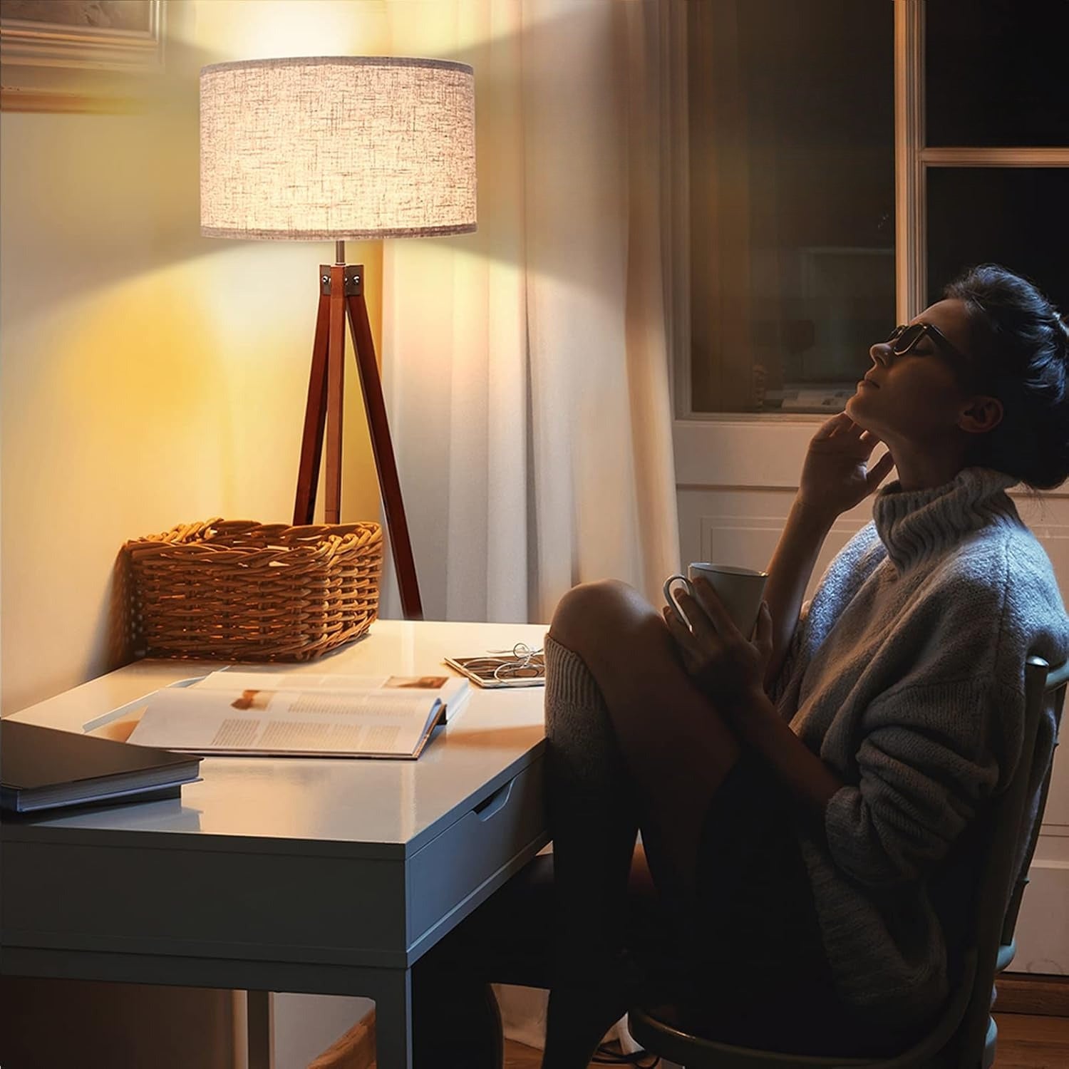 Brown Wooden Tripod Linen Floor Lamp