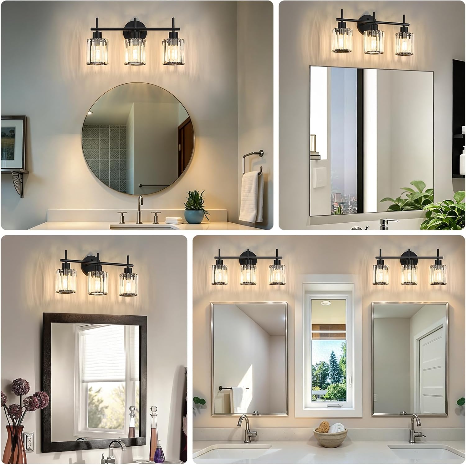 Black Crystal 3-Light Bathroom Vanity Light