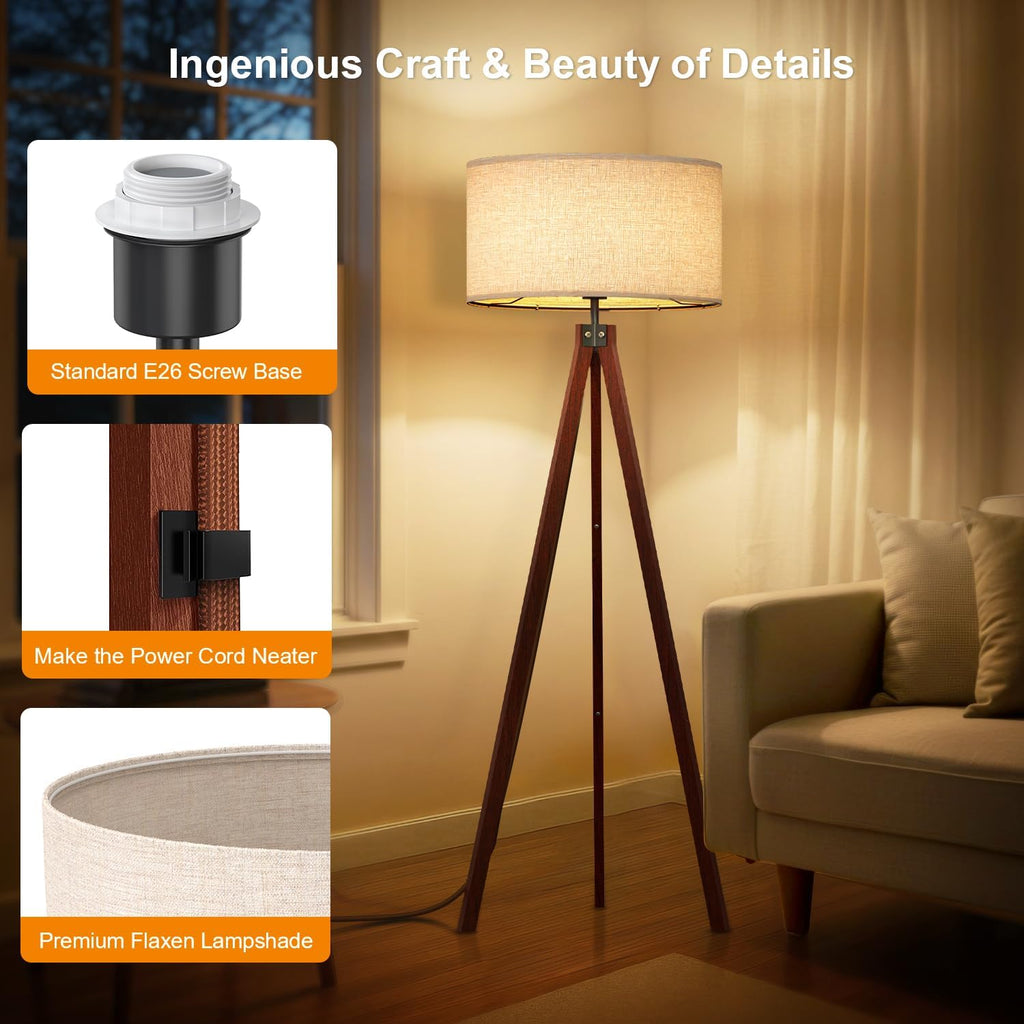 Brown Wooden Tripod Linen Floor Lamp