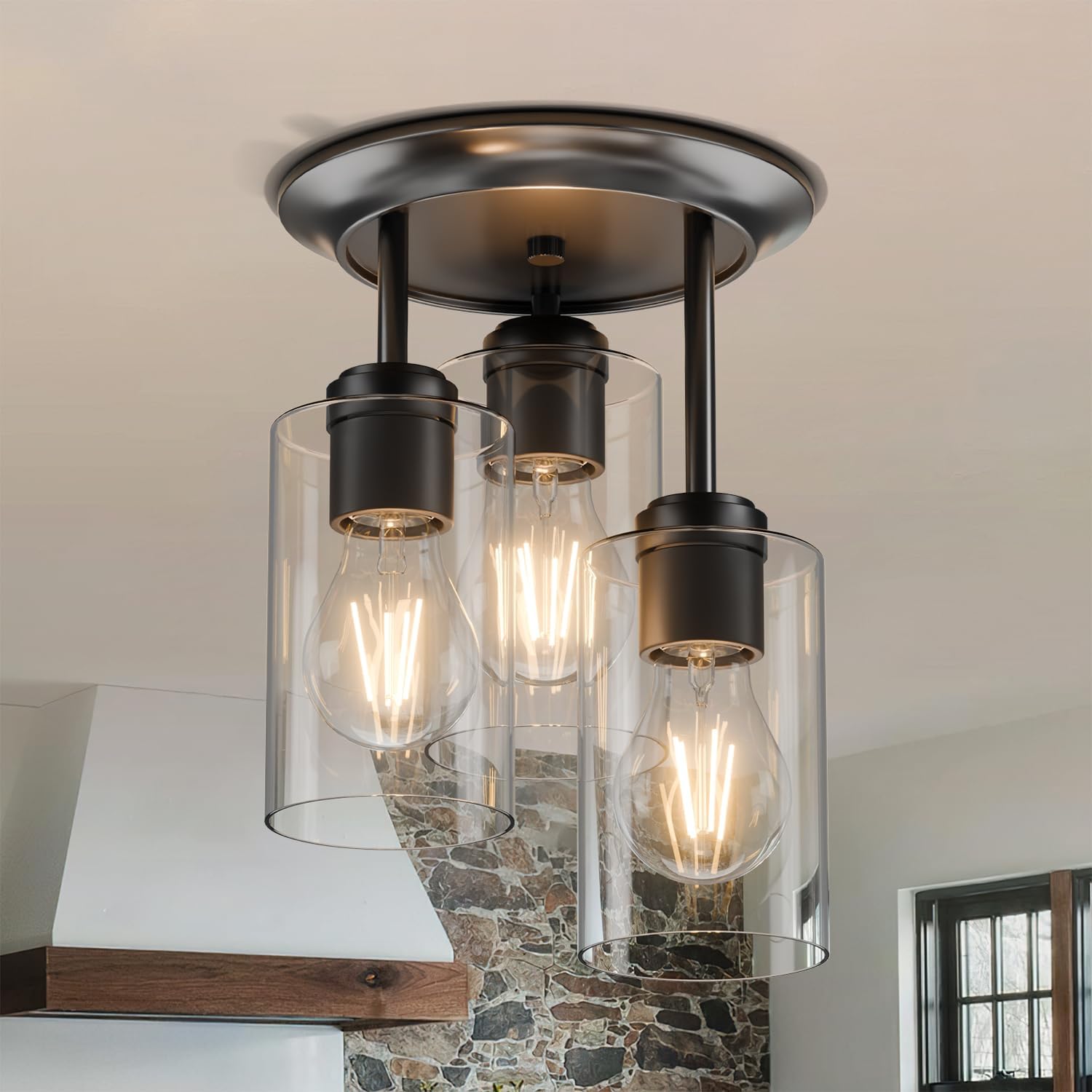 Black Clear Glass 3-Light Ceiling Light