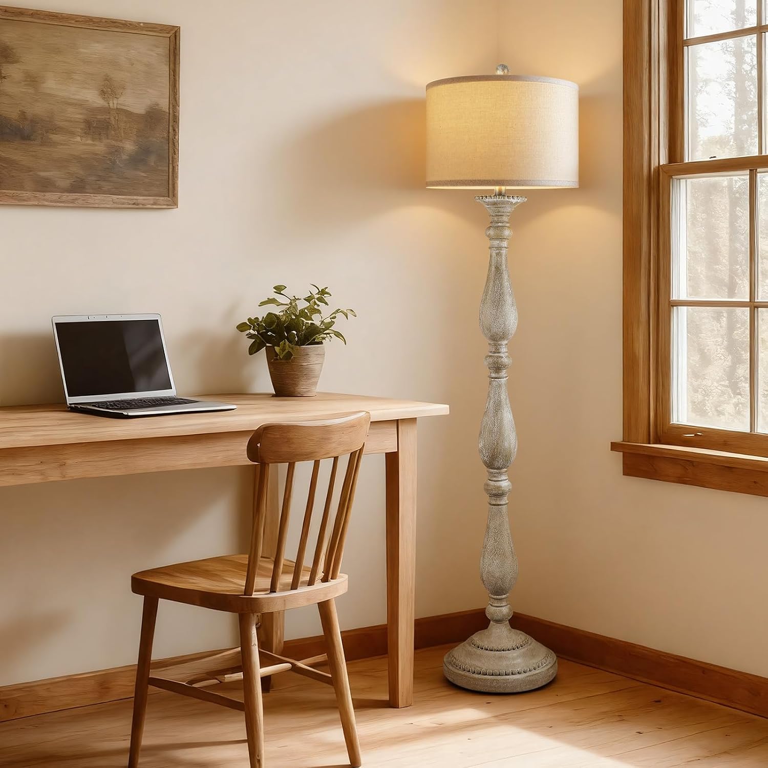 Grey Linen Shade Vintage Floor Lamp