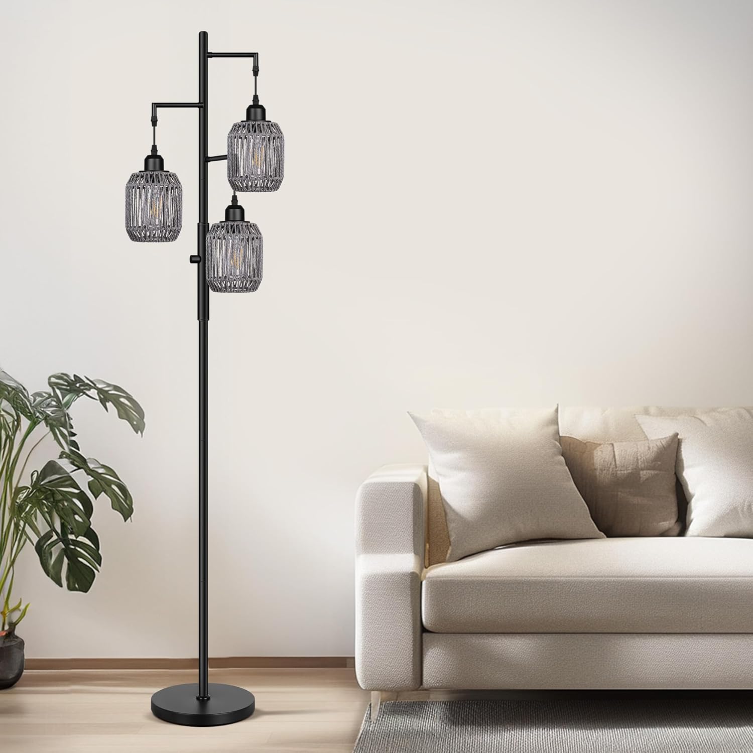 Black Rattan 3-Light Boho Floor Lamp