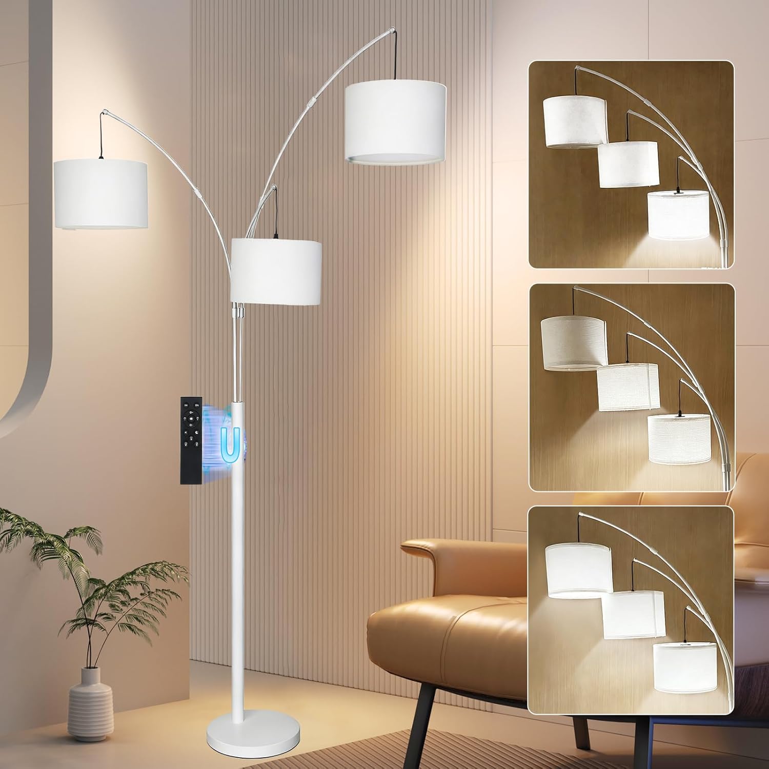 White Arc Remote Dimmable Floor Lamp