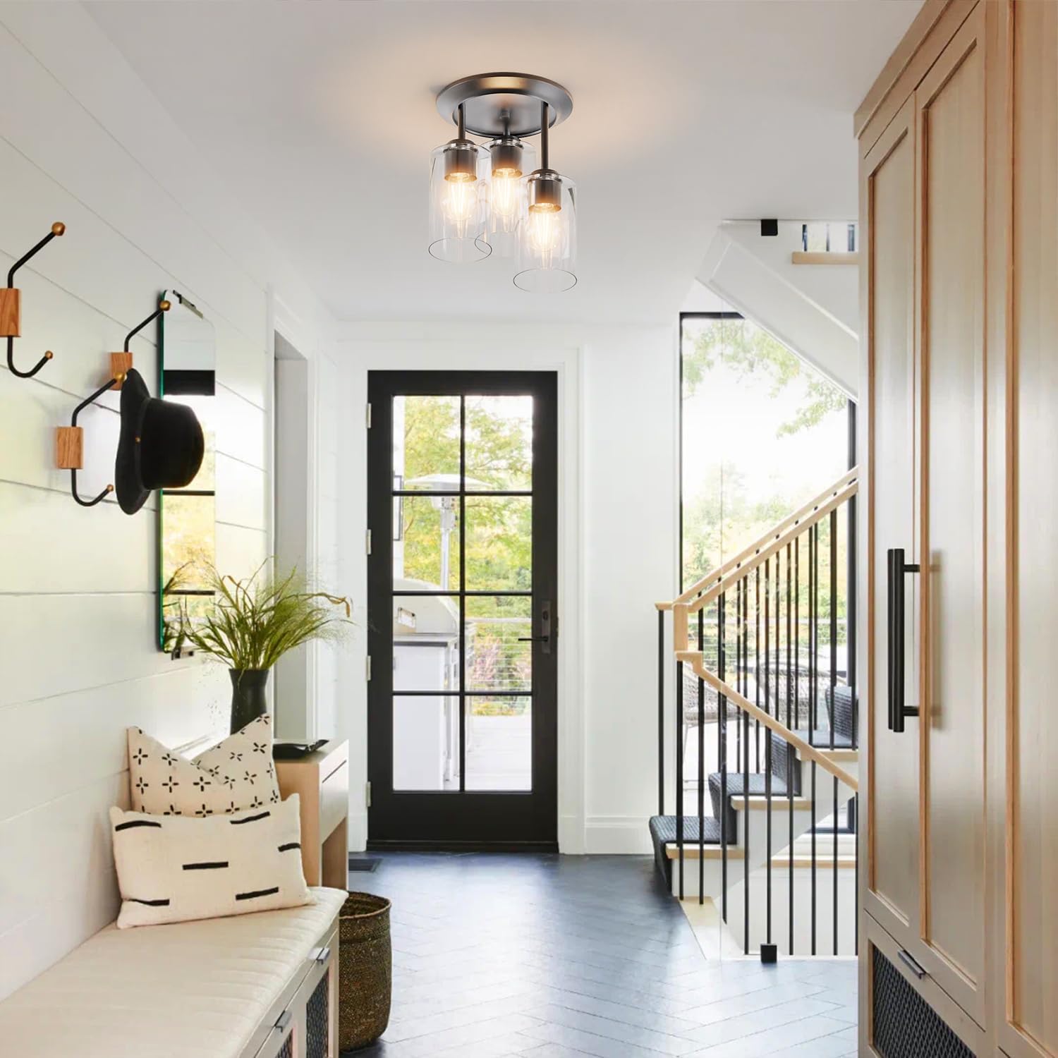 Black Clear Glass 3-Light Ceiling Light