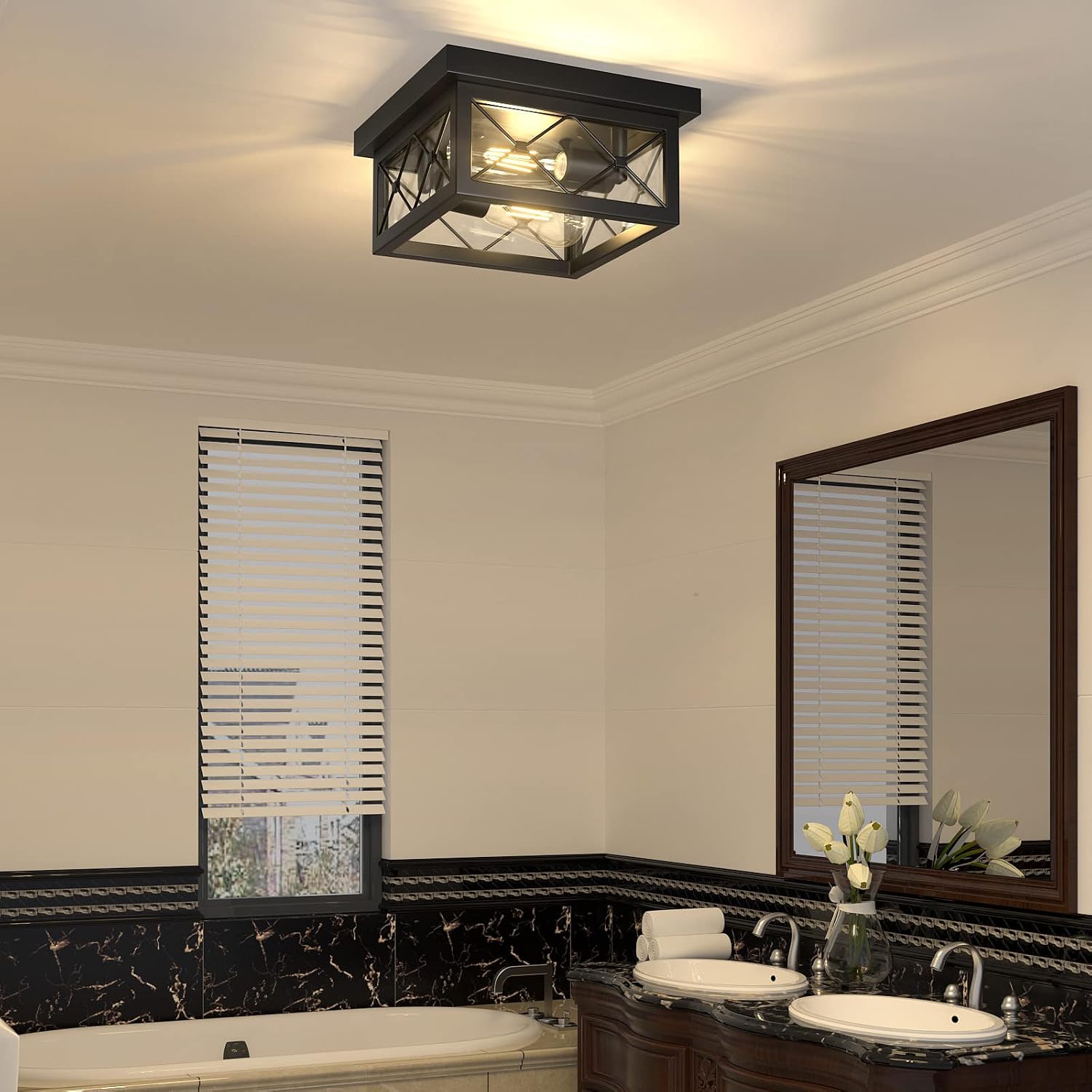 Black Cage 2-Light Glass Ceiling Light