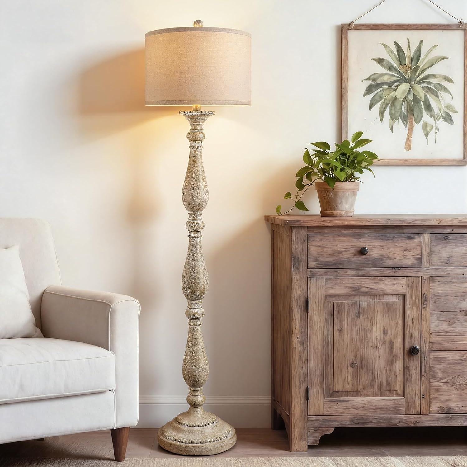 Grey Linen Shade Vintage Floor Lamp
