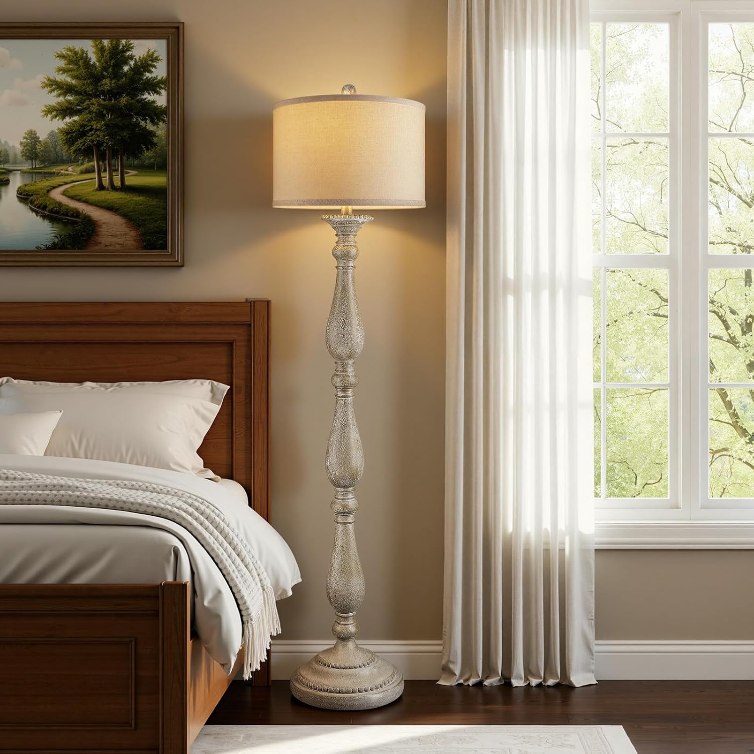 Grey Linen Shade Vintage Floor Lamp