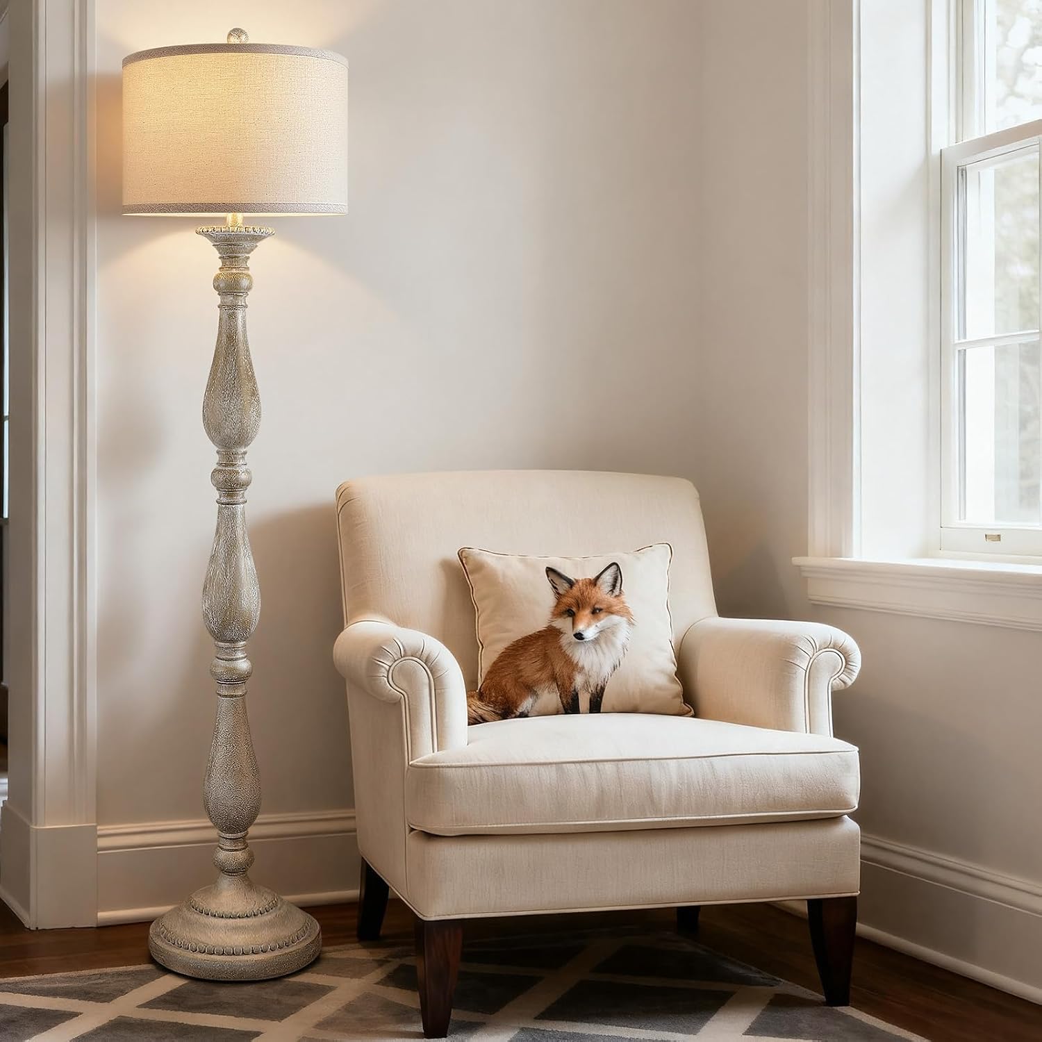 Grey Linen Shade Vintage Floor Lamp