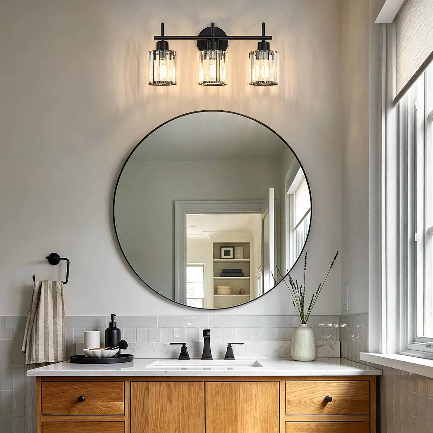 Black Crystal 3-Light Bathroom Vanity Light