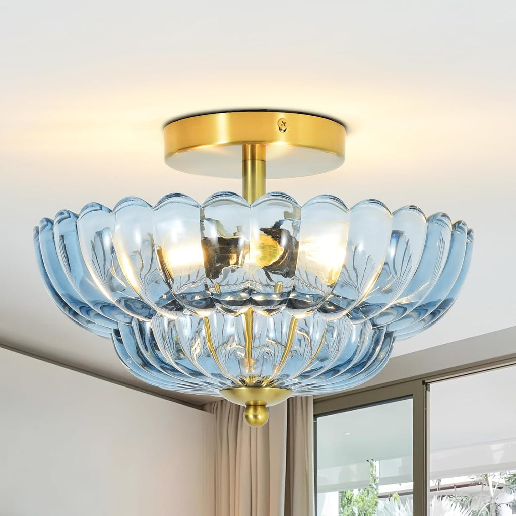 Blue Flower Glass 3-Light Ceiling Light