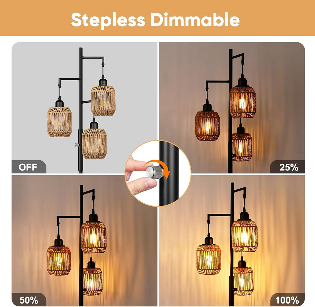 Black Rattan 3-Light Boho Floor Lamp
