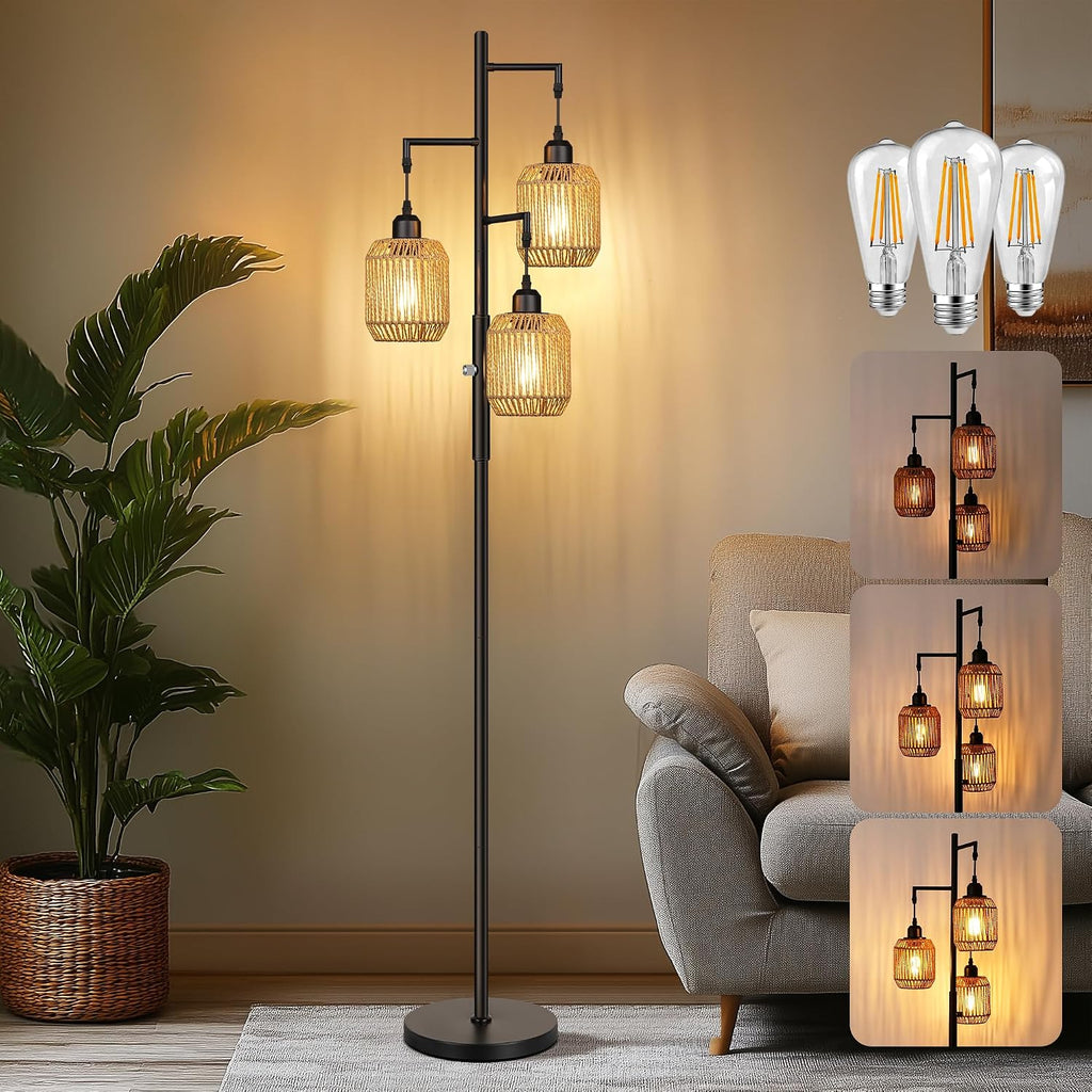 Black Rattan 3-Light Boho Floor Lamp