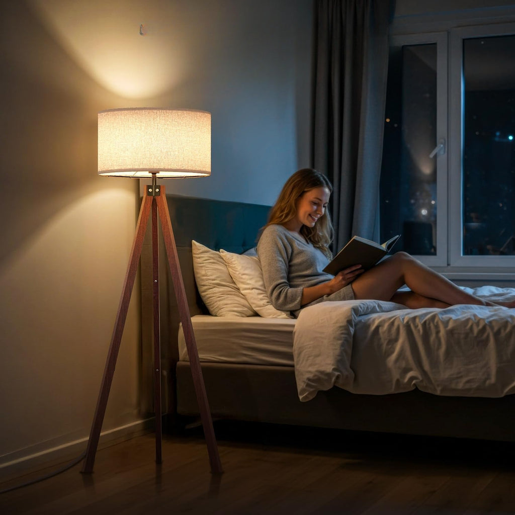 Brown Wooden Tripod Linen Floor Lamp