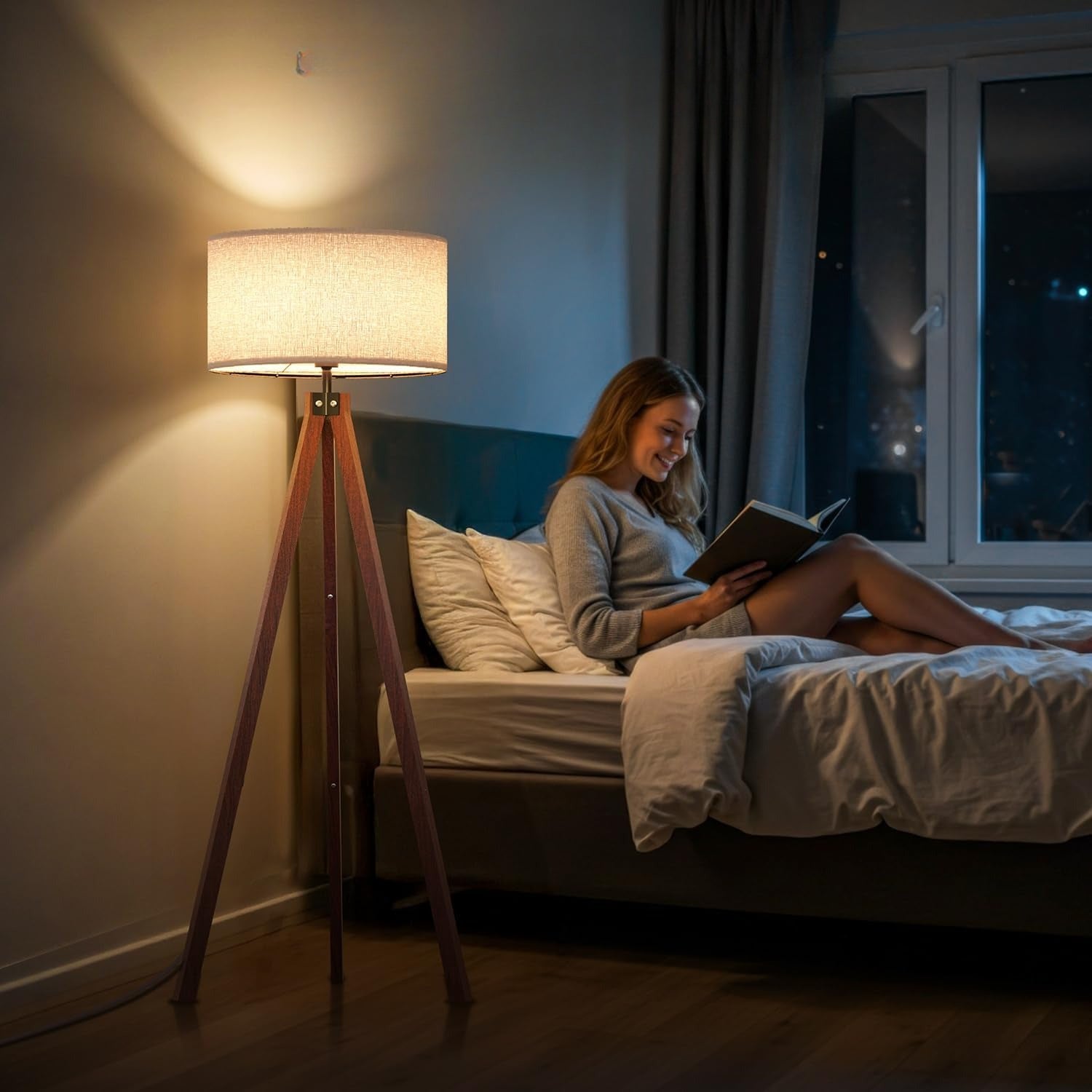 Brown Wooden Tripod Linen Floor Lamp